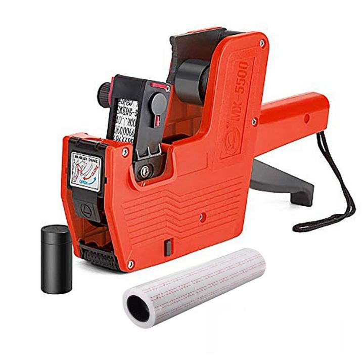 8 Digit Price Tag Machine Labeller + 10 Label Stickers Roll + 1 Ink Roller - Multicolour