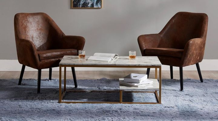 Marble Texture Modern Rectangle Coffee Table with Storage Shelf and Easy-Clean Surface for Living and Dining Room Home Office, 16 Inch Height, Brass Gageds Mall Pakistan