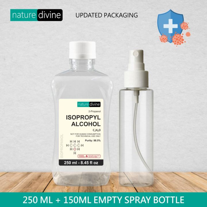 250 ml Nature Divine 98.5% Isopropyl Alcohol, IPA Rubbing Alcohol, Hand Rub, General Purpose Antiseptic Disinfectant and 150 ml Refillable Empty Mist Spray Bottle