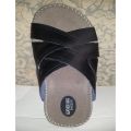Black & Grey Synthetic Leather Slippers For Men. 