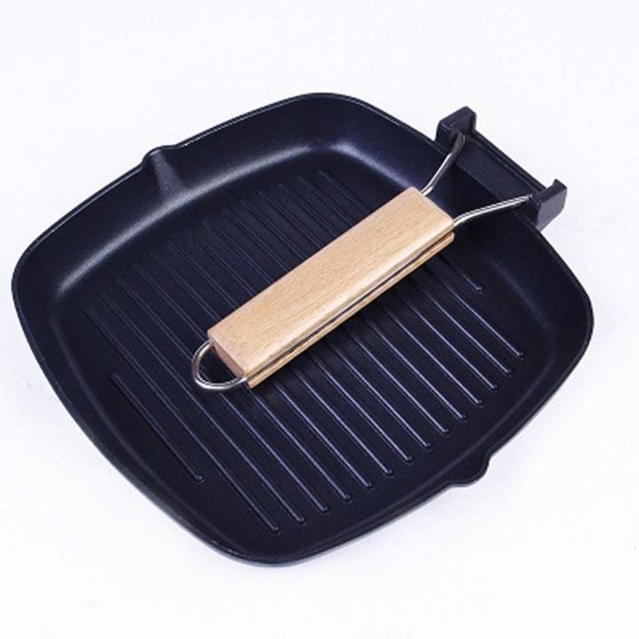 Steak Frying Pan Cast Iron Steak Grill Pans Non Stick Frying Pan Wooden Handle Folding for Kitchen Fry Cooking Steak Daraz.pk