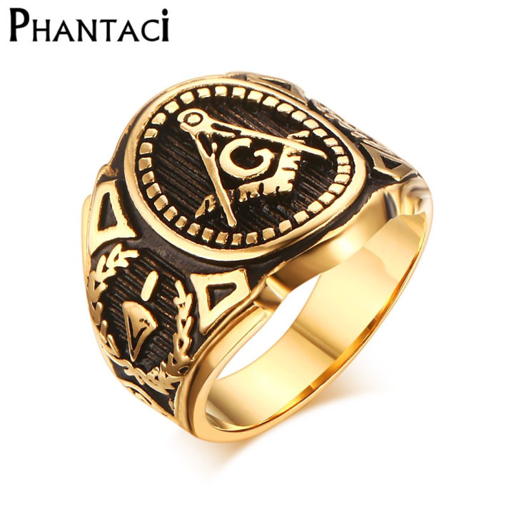 2019 Hot Vintage 316L Stainless Steel Men Ring Gold Free Mason Freemasonry Masonic Male Retro Punk Black Brand Ring Jewelry