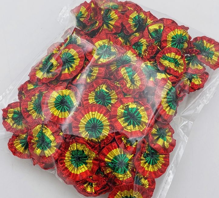 25 PACK OF 1-INCH GOTTA PATTI FLOWERS IN RED, GOLDEN & GREEN COLOR COMBINATION