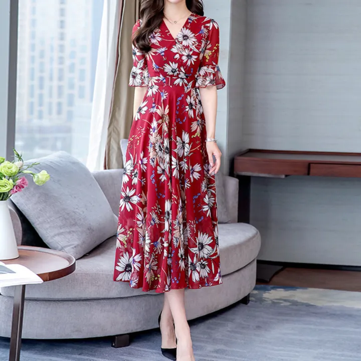 Yfashion%20Summer%20Floral%20Printing%20A-line%20Skirt%20For%20Women%20%20V-neck%20Short%20Sleeves%20Dress%20Flared%20Sleeves%20Midi%20Skirt%20color%20-%20Image%209