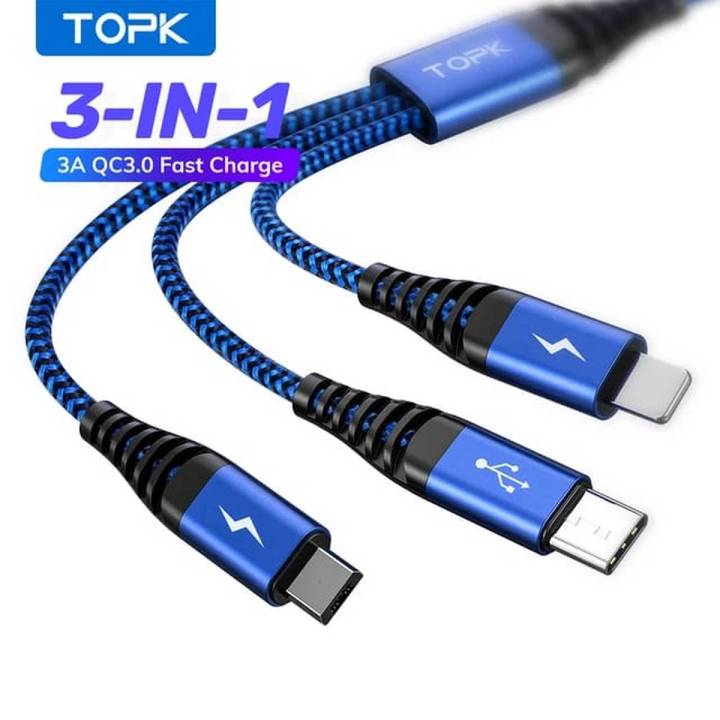 TOPK Fast Charging Cable 3 in 1 Nylon Braided Micro USB An24 1.2mtr