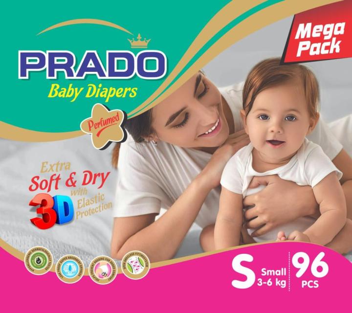 Prado Extraa Soft Baby Diapers Jumbo Pack SIZE 2 (Small) 96 Pcs Chinese Based 100 % Gell