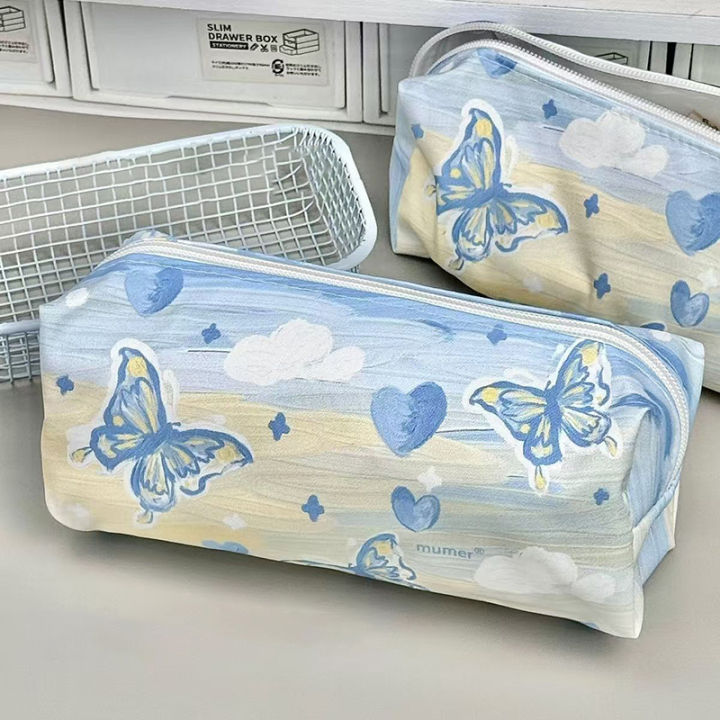 Sweet Simple Blue Butterfly Pencil Case High Capacity Stationery Storage Bag superman store