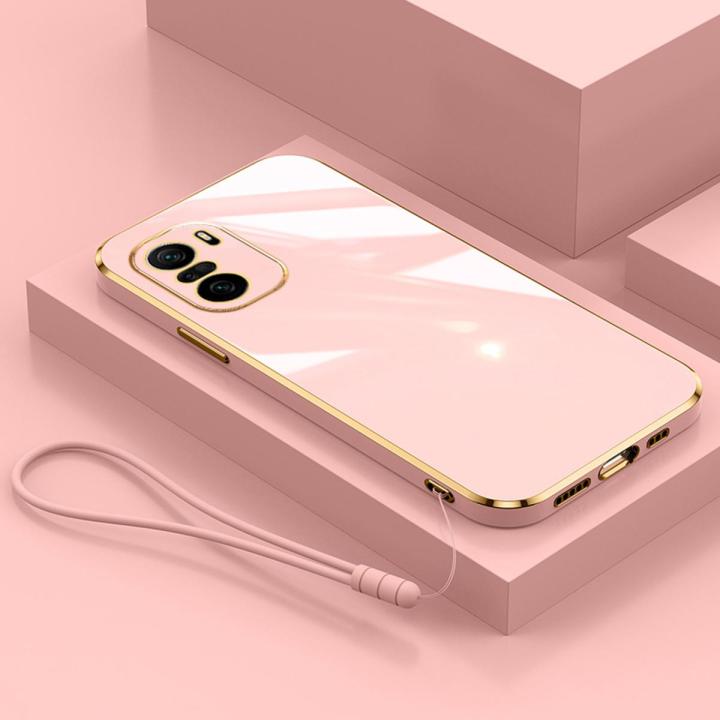 For Xiaomi POCO F3 Cover with Wrist Strap Fashion Shiny Plating Square Bumper Girls Phone Case Soft TPU Silicone Shockproof Protective Back Cover
