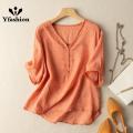 Women Cotton Linen Tops Retro Loose Solid Color Blouse Elegant V Neck Pullover Short Sleeves Shirt. 