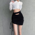 Women Skirt Solid Color Sext Hollowed Hips-wrapped Skirt Drawstring Irregular High-waisted Short Skirt. 