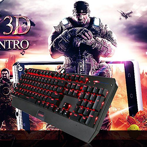 "LESHP Mechanical Gaming Keyboard: 2.4GHz USB Backlit, Striking Red LED Colors, 104 Keys, No Driver Required – Unleash Precision and Style in Black!"