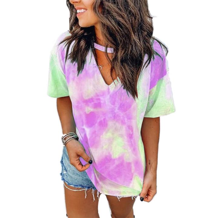 Women Blouse Top V Neck Short Sleeve Tie Dye Print Choker T-shirt