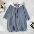 Short hoodie for summer fashion label loose fitting men's top, half sleeved shirt, t-shirt. 