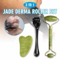 Jade & Derma Roller Gua Sha Board Massager 3 In 1 Facial Tool Set. 