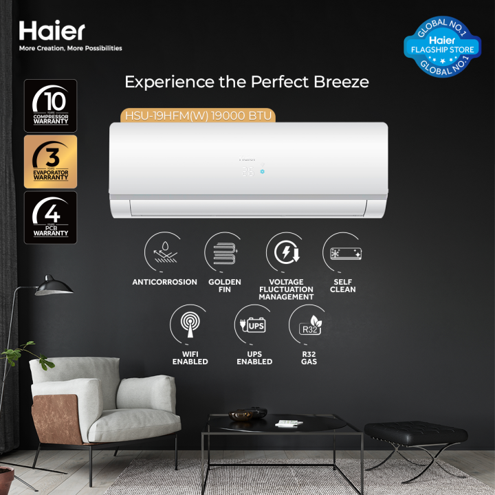 Haier (Marvel Inverter Series) 1.5 Ton DC Inverter UPS Enabled - Self Cleaning - WiFi Enabled-Turbo Cooling-White Colour AC - HSU-19HFM/10 Years Warranty/Air Conditioner/Haier Free Installation