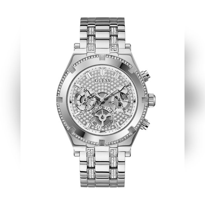 Guess Mens Silver Case with Crystals Silver Glitz Multi-Function Dial with Crystals Silver Steel Bracelet with Crystals Watch-GW0261G1