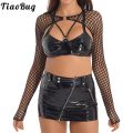 Women O Ring Long Sleeve Sheer Mesh Shrug T-Shirts See-Through Fishnet Cover Up Shirts Mock Neck Mini Crop Top Party Club. 