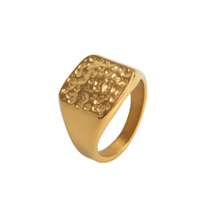 Fashion Unisex Championship Ring Chic Stainless Steel 18k PVD Gold Plated Square Signet Hammered Rings for Women Men