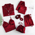 Poshak Saaz 7-Piece Silk Night Dress Set for Women - Satin Pajama Set with Shirt, Trouser, and Accessories. 