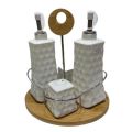 4 Piece Condiment Set with wood tray. 