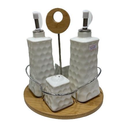 4 Piece Condiment Set with wood tray