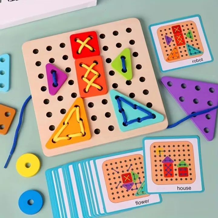 Wooden Lacing Toy for Kids | Shape Matching Board with Rope Threading ...