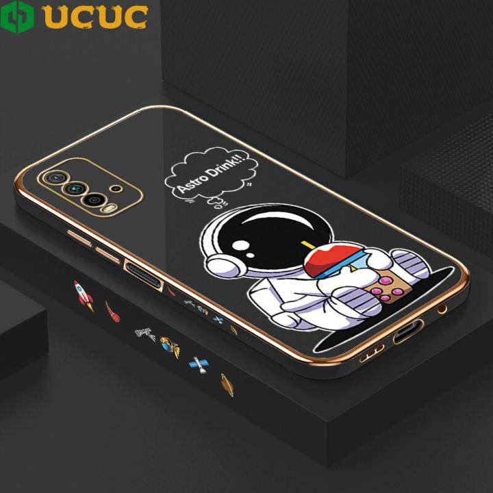 Free Lanyard of UCUC for Redmi 9T Case Cute Cartoon Drink Astronaut Luxury 6D Plating Soft Casing Silicone Ultra Thin Phone Cover