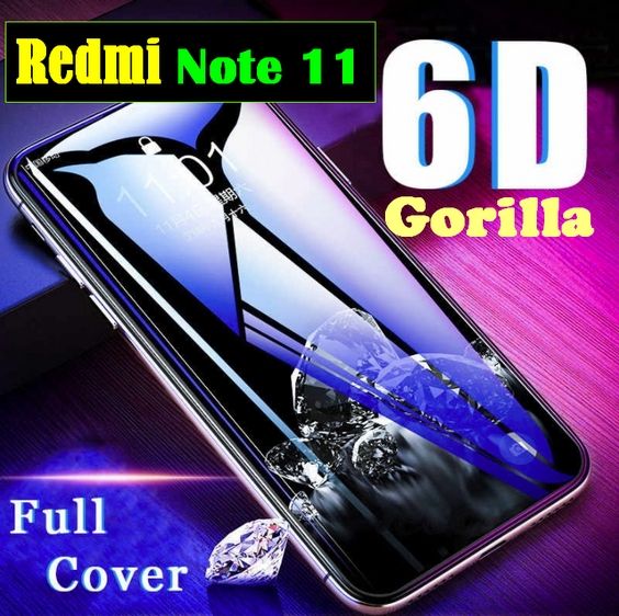 NEW 6D Gorilla Full Glue for Redmi Note 11 Tempered Glass Screen Protector Full Edge For REDMI Note 11 - Black