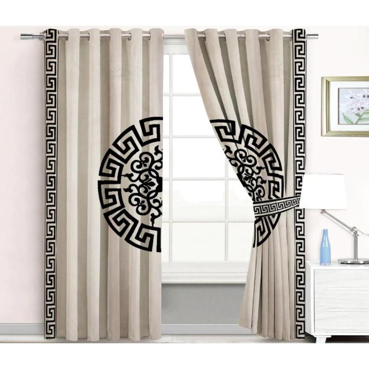 2 Pc's Luxury Motive Embroidered Velvet Greek Border Curtains Cream/Black