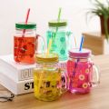Glass Mason Jar Cups with Handle, Lid and Plastic Straws - Mason Jar Mugs For Cold Beverages - 500ml. 
