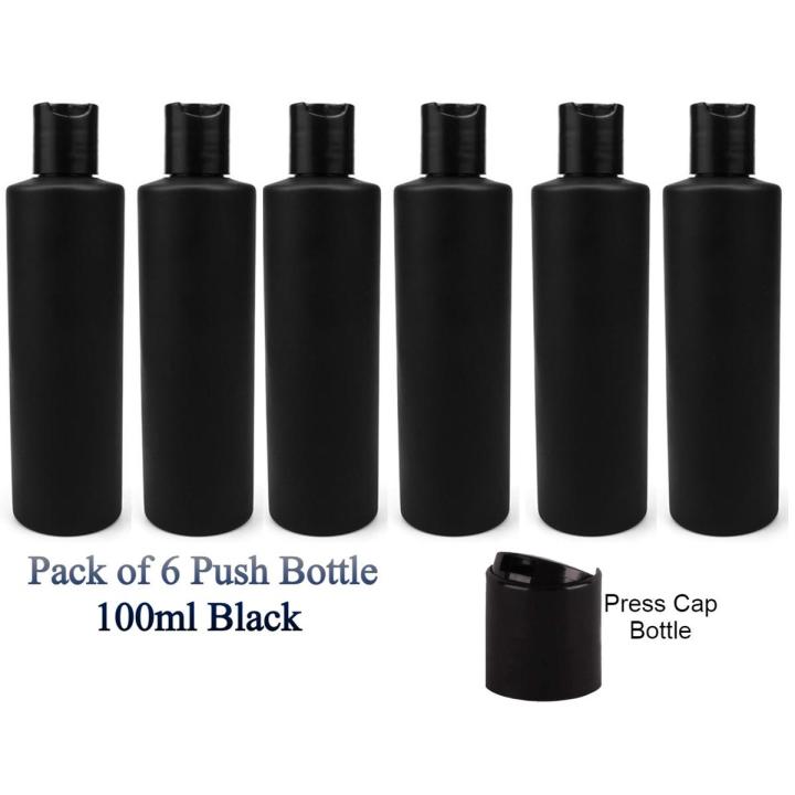 Black Empty Plastic Push Bottles 100ml ( Pack of 6 ) – Lotion Refill Bottle / Empty Plastic Bottles for Shampoo / Empty Oil Bottles / Press Bottle Flip Top