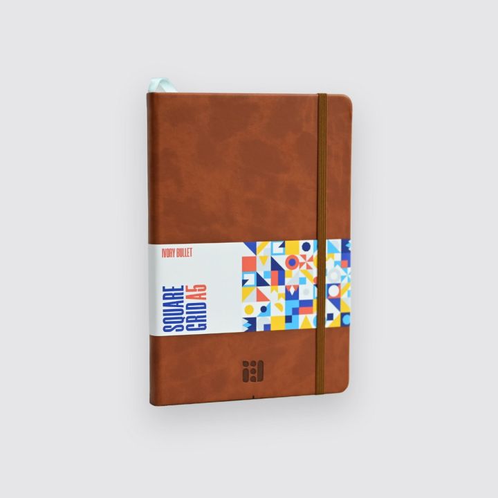 A5 Square Grid Journal, 120 gram/sm Ultra Thick Pages, 5mm Square Grid Layout, Premium Vegan Leather Hard Cover, 160 pages, Pocked in the back, Elastic Enclosure, 100% Recycled Ivory Color Pages