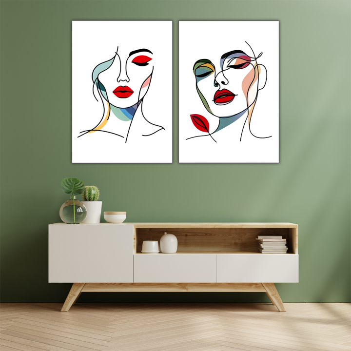 Modern line art duo – A touch of elegance and color, Premium Print ...