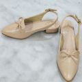 Women's Slingback Bow Flats - Pointed Toe Patent Finish - Navy & Beige. 