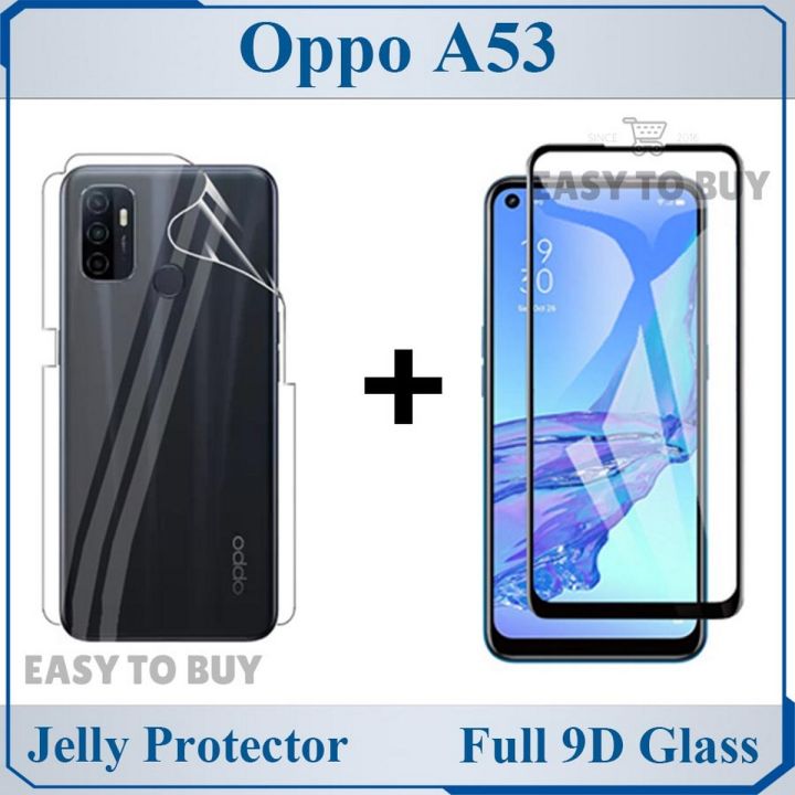 Oppo A53 Full Black 9D|5D|6D|10D|11D|21D Tempered Glass Screen Protector Full Glue Edge To Edge  + Back Clear Jelly Protector Soft Film Protection Hydrogel Film Protector For Oppo A53