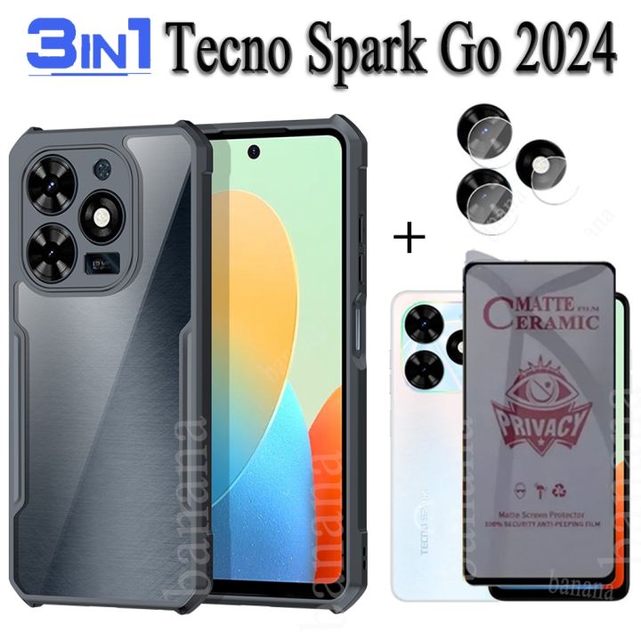 Tecno Spark Go 2024 Shockproof Phone Case 3 in 1 Tecno SparkGo 2024 Anti Spy Soft Ceramic Matte Privacy Tempered Glass and Camera Lens Glass Screen Protector