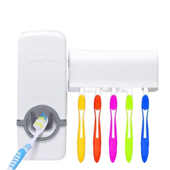 Toothpaste Dispenser With 5 Brush Holder Wall Mounted Automatic Hands Free Toothpaste Dispenser