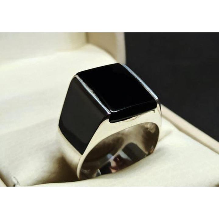 Square Shape Natural Black Agate Women Plain Ring Sterling Silver 925 Handmade Black Aqeeq Ring