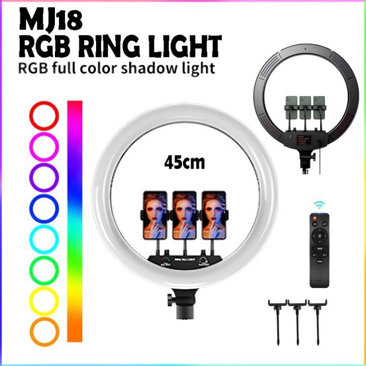 MJ18 45CM RGB LED Soft Ring Light with 3 Phone Holders and Remote Control with Different Color Modes and Brightness Level for Phone Camera, Selfie Live Stream, Video Shooting and Makeup (Without Stand)