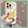 Fashion Cartoon Spongebob Doodle Cute Patrick Star Casing Compatible for IPhone 7Plus 12 11 15 14 13 Pro Max XR XS Max X 15 8 7 Plus Luxury Puff Mirror Make Up Couples Cover. 