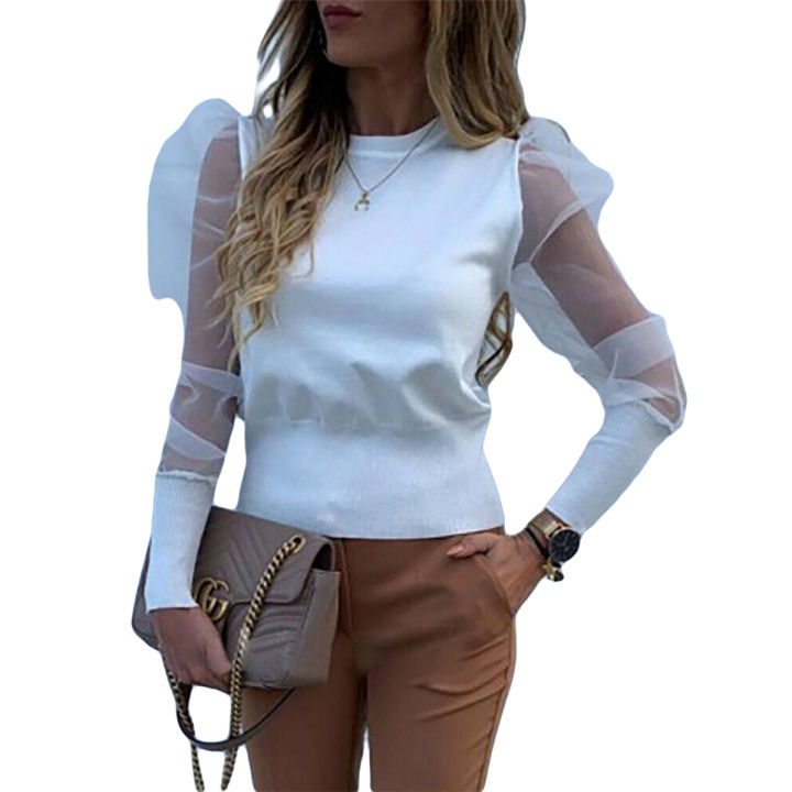 beautifullady Fashion Women Puff Long Sleeve T-shirt Tops Shirts See through Sheer Mesh Blouse