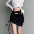 Women Skirt Solid Color Sext Hollowed Hips-wrapped Skirt Drawstring Irregular High-waisted Short Skirt. 
