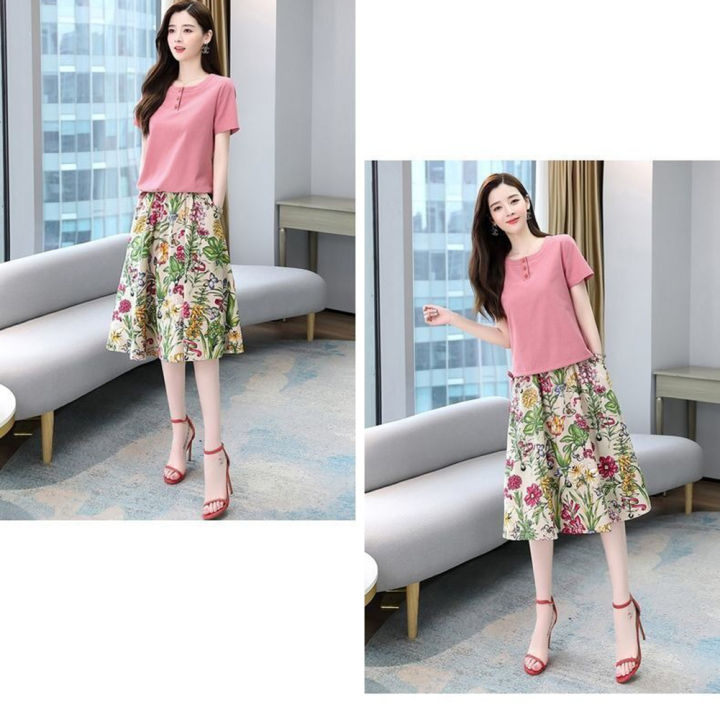 2pcs%20Women%20Suit%20Short%20Sleeves%20Round%20Neck%20T%20Shirt%20Floral%20Printing%20Midi%20Skirt%20Casual%20Fashion%20Two%20Piece%20Suit%20-%20Image%208