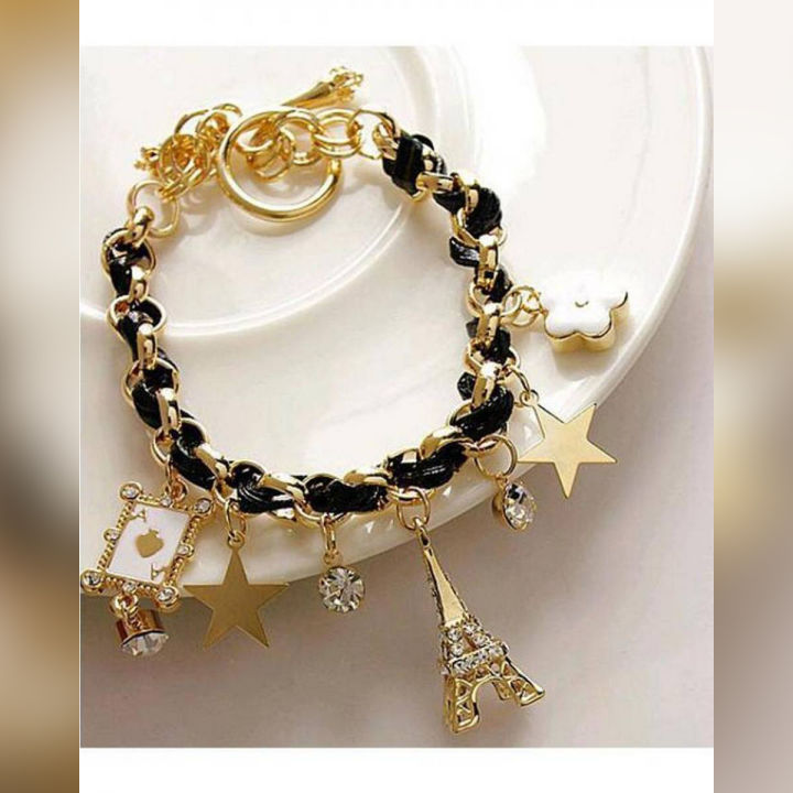 Multi Element Golden Chain Leather Rope Eiffel Tower Star Pendants Bracelet