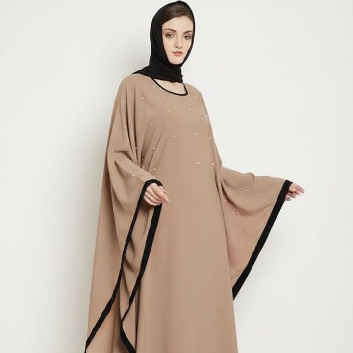 Nabia Pearl Design Beige Solid Butterfly Kaftan Abaya – Full-Length ...