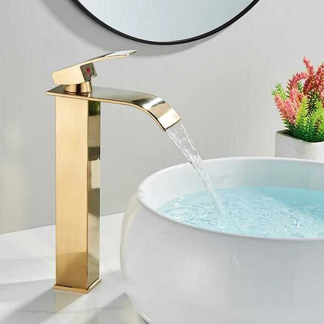 Luxury Waterfall Square Faucet - Mixer GOLD 12 inch for Bathroom in Brass with sleek water flow in Basin and Sink