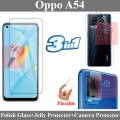 Oppo A54 Tempered Glass Screen Protector Polish Glass  + Back Clear Jelly Protector Soft Film Protection Hydrogel Film Protector + Back Camera 9H Gorilla Flexible Protector For Oppo A54. 