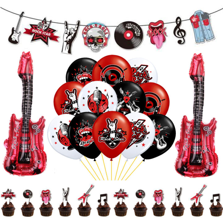 Rock And Roll Balloons Video Note Guitar Band Microphone Happy Birthday Banner Party Decoration Music Radio Cake Toppers Ballons