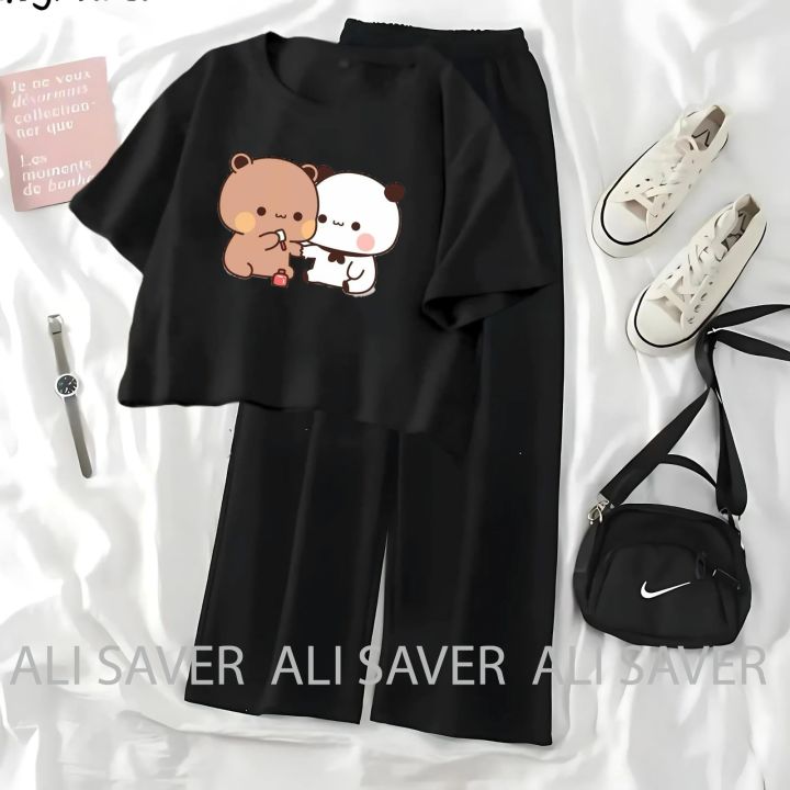Dudu Bubu Crop Top Suits For Women And Girls Short Sleeve Tee and Black Flapper