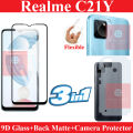 Realme C21Y Glass Protector 9D|5D|6D|10D|11D|21D Black Tempered Glass Screen Protector Full Glue Edge To Edge + Back Matte Protection Soft Skin Sheet Soft Film Back Protector + Back Camera 9H Gorilla Flexible Protector For Realme C21Y. 